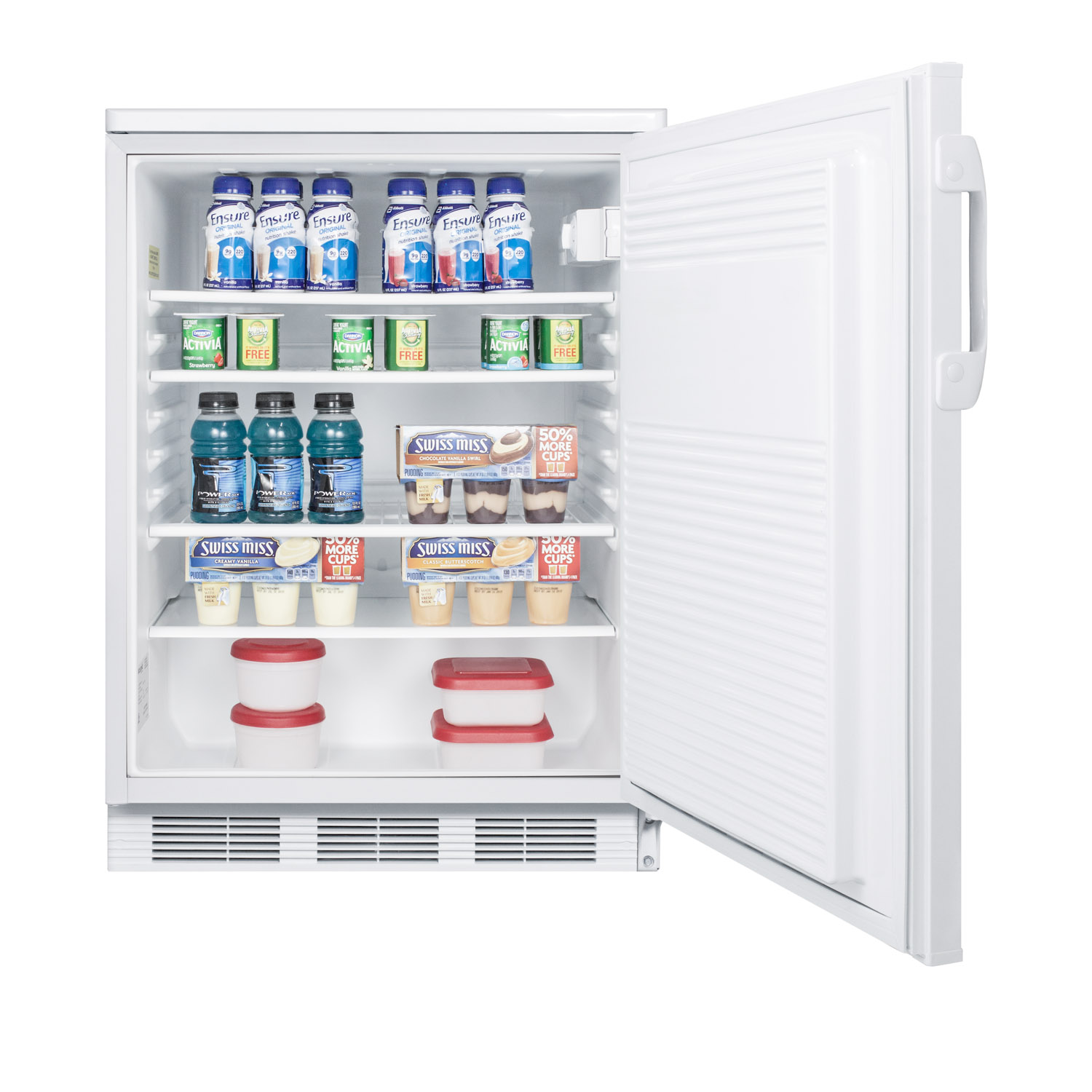 Commercially listed freestanding all-refrigerator for general purpose use, with front lock, automatic defrost operation and white exterior